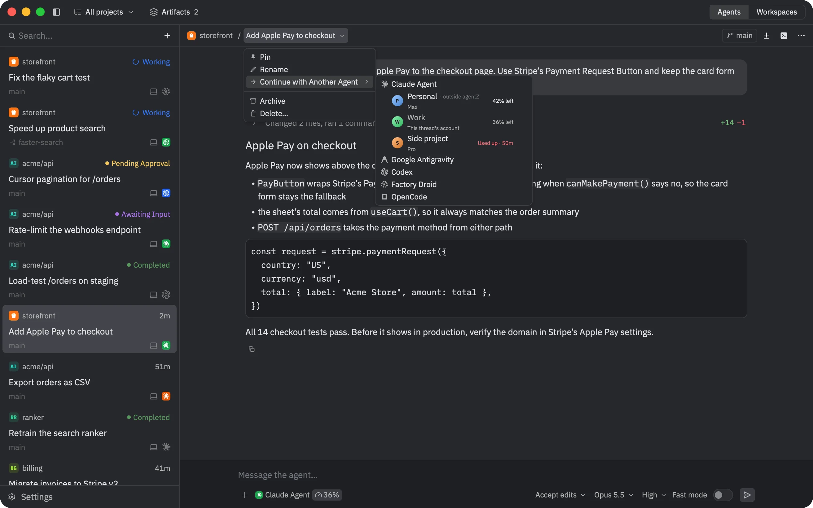 A thread's menu: Continue with Another Agent, listing agents and their accounts