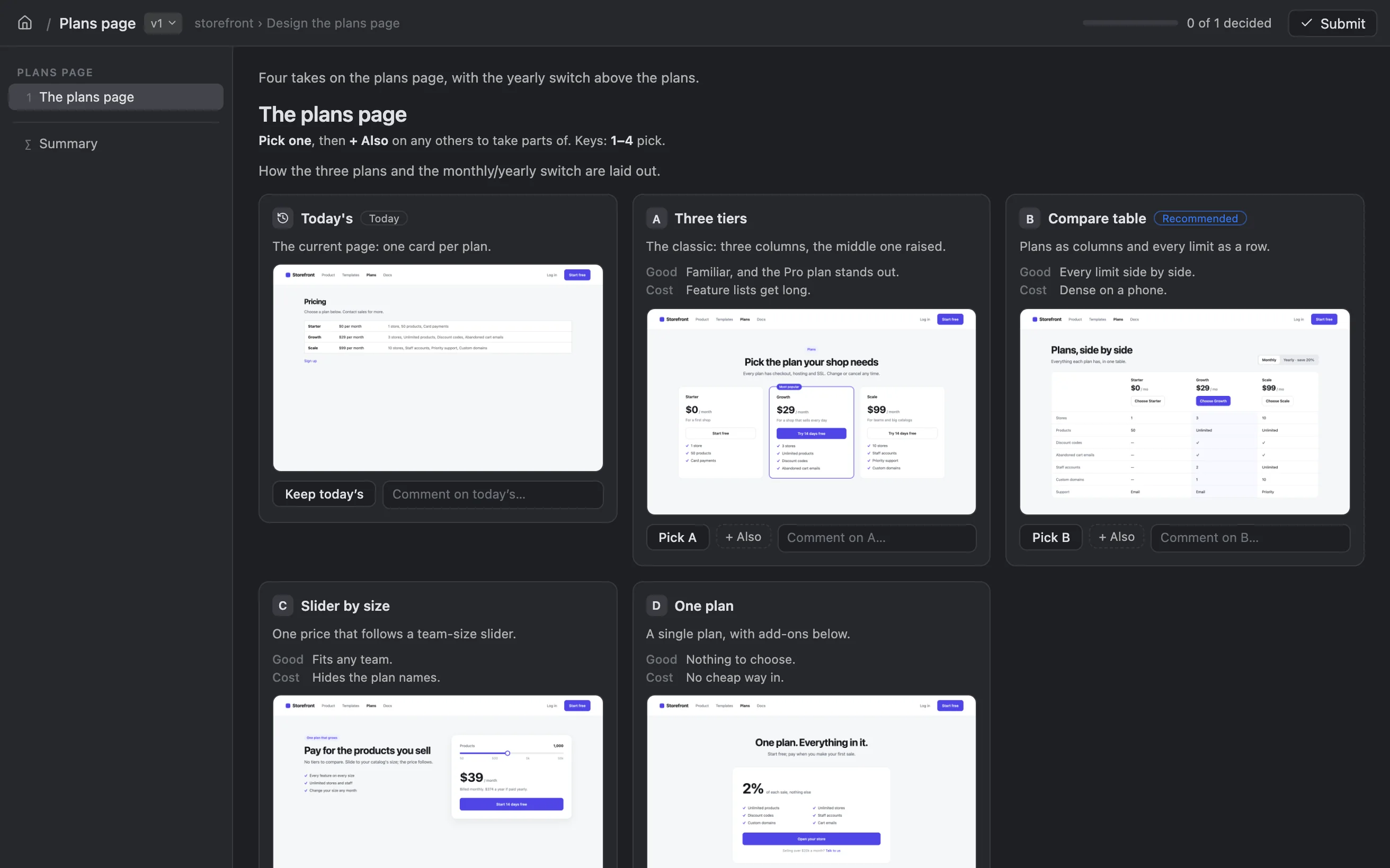 A design in the browser: variants to pick from, beside today's