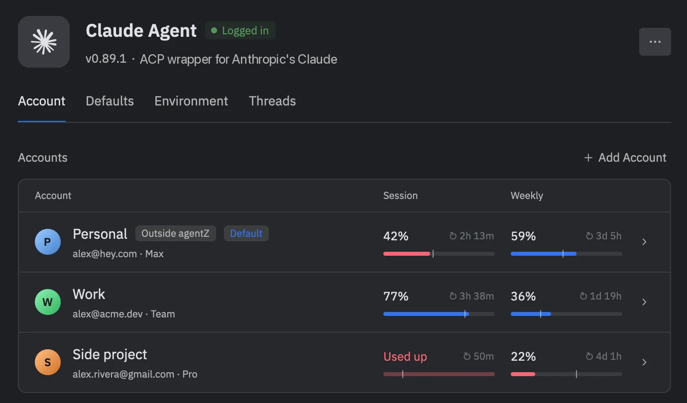 Claude Agent's three accounts with their session and weekly usage