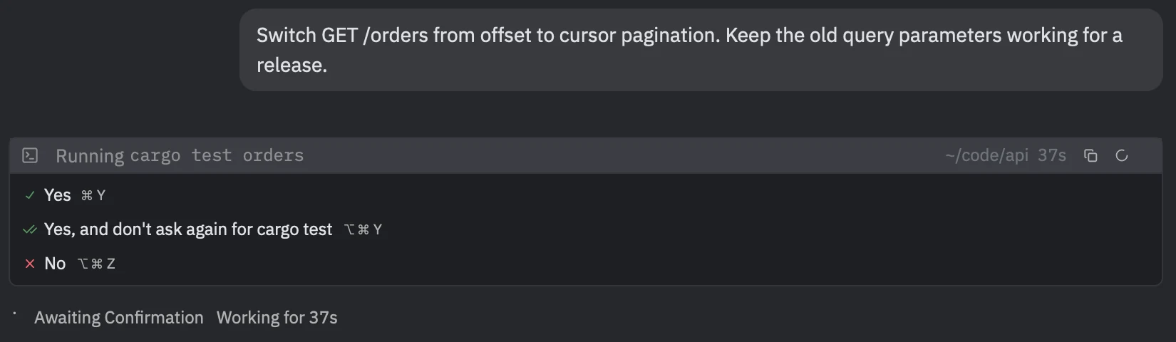 An agent asking permission to run a command