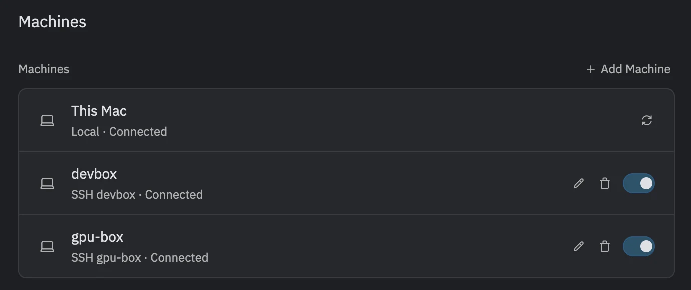 Settings, Machines: this Mac and two machines over SSH, connected