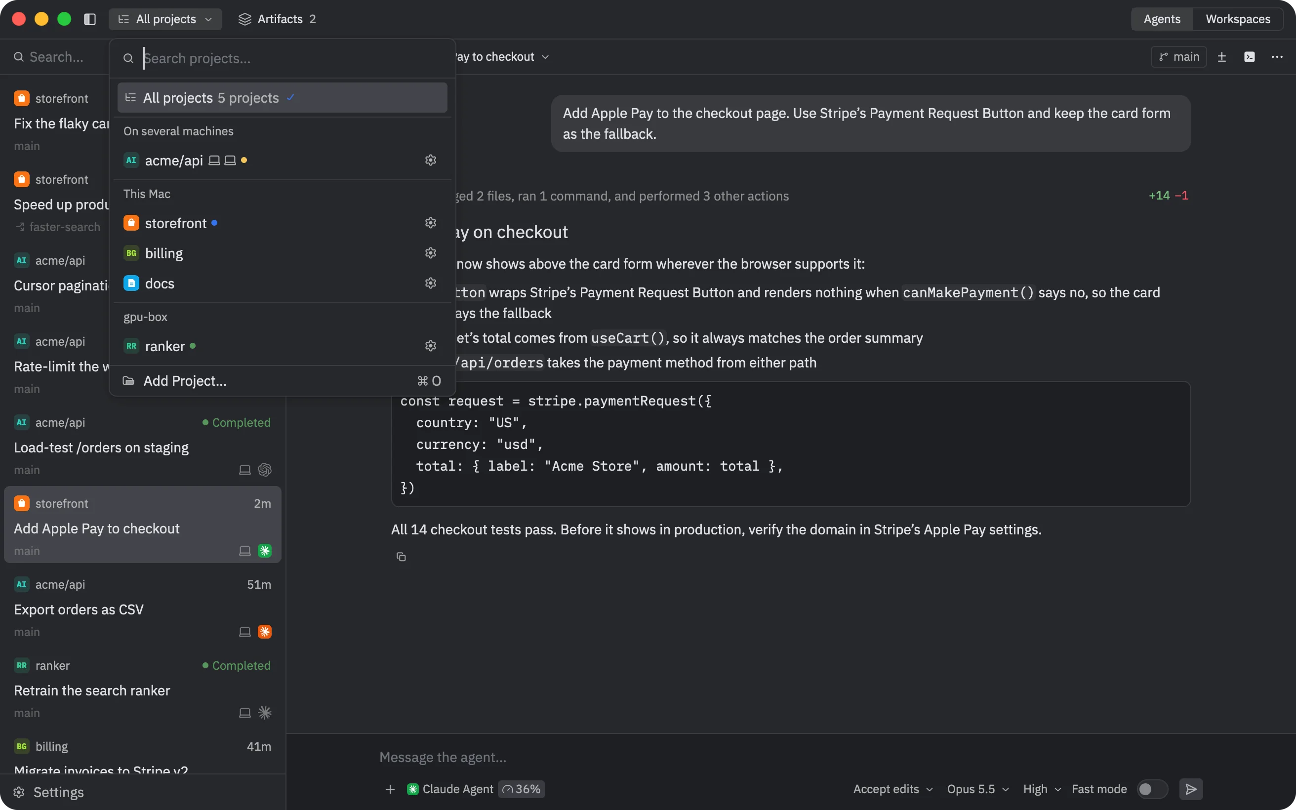 The projects menu: a project on several machines, this Mac's projects and a server's
