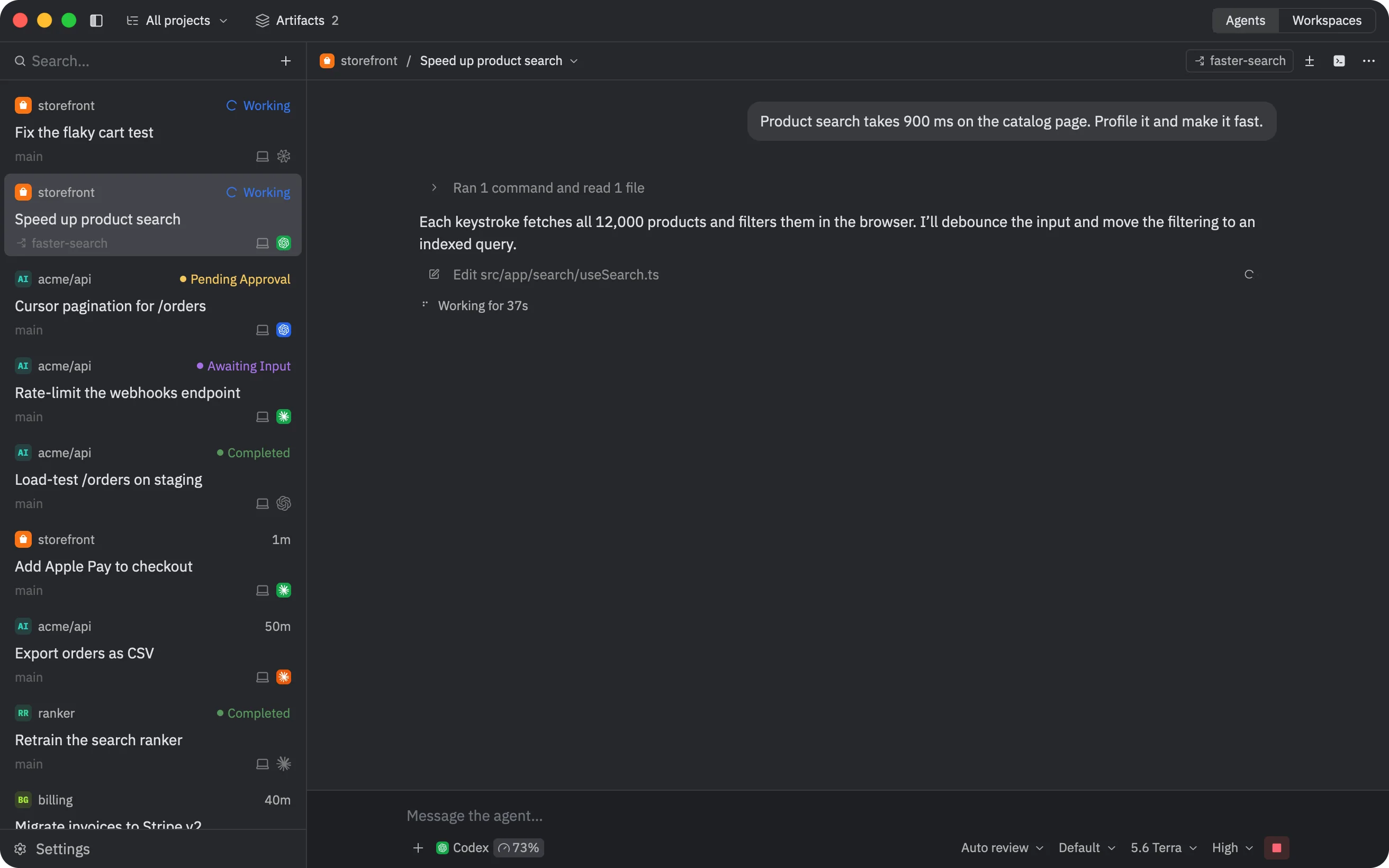 A thread at work, with threads from several projects in the sidebar