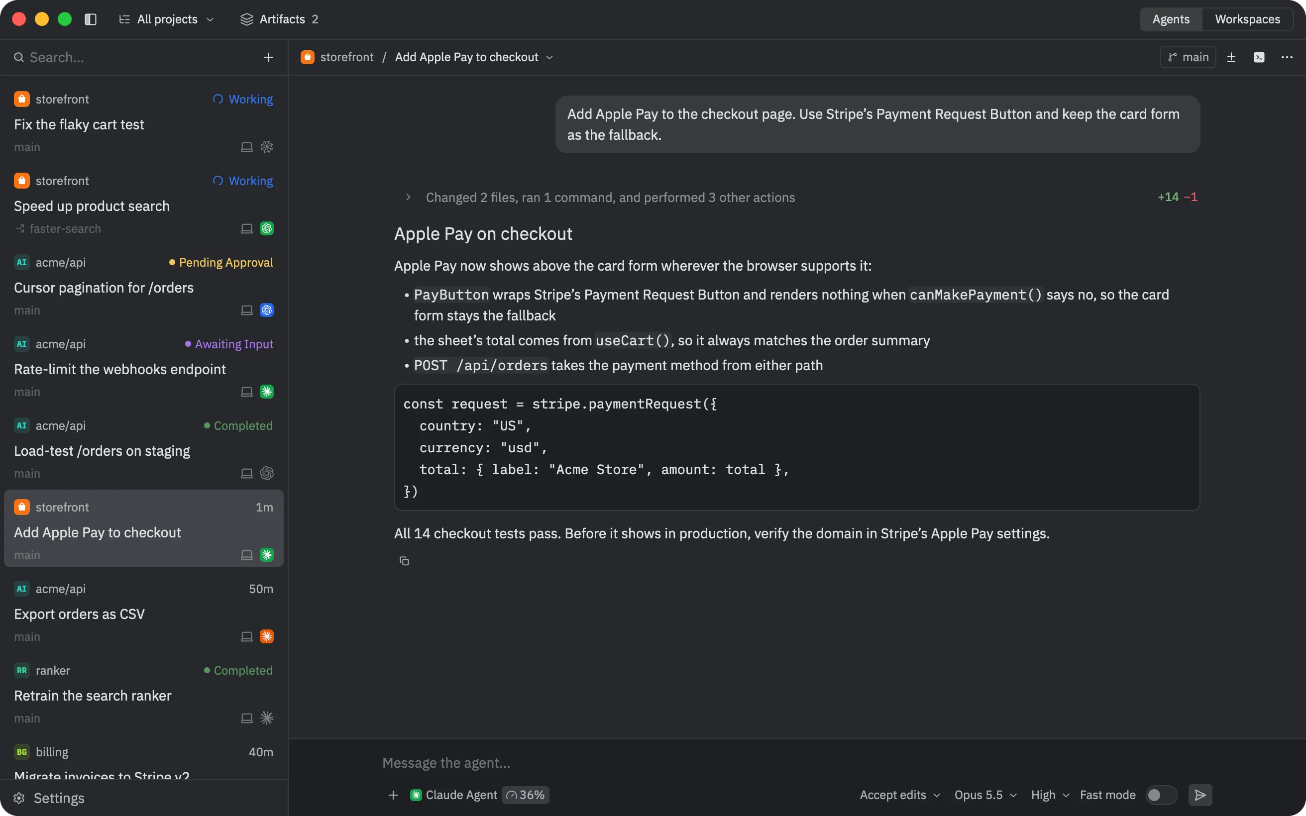 agentZ: threads from several projects and machines in the sidebar, agents working and waiting for input