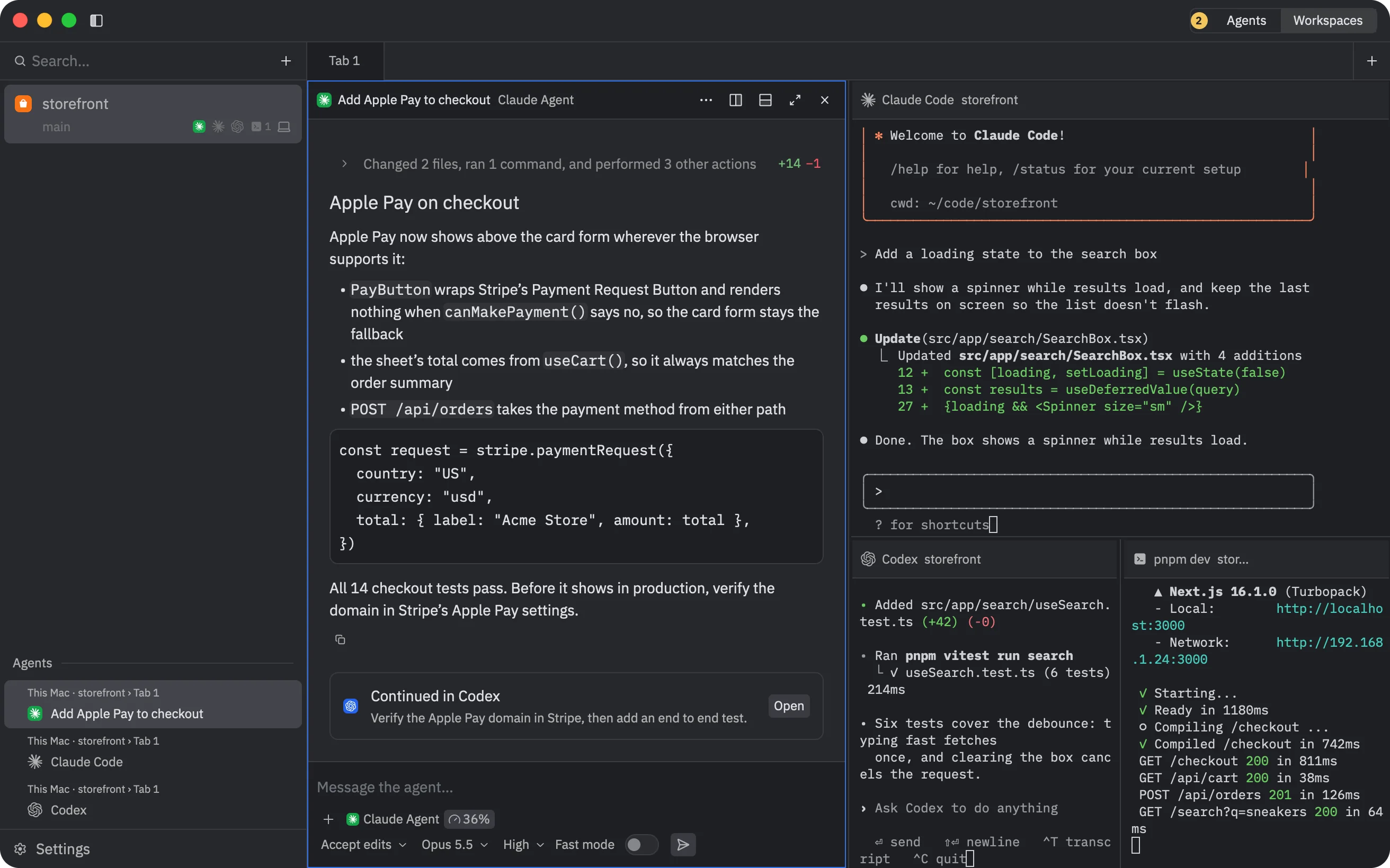The Workspaces view: Claude Code, Codex and a dev server in split panes